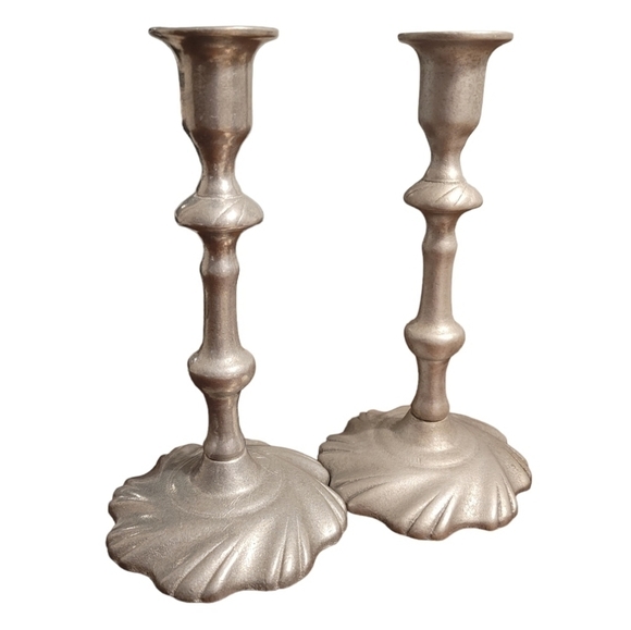 Two Pewter 9“ Taper Candle Stick Holders Wilton Columbia USA Silver Gray Metal - Picture 1 of 6